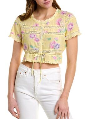 LOVESHACK FANCY Women’s Yellow Floral Crochet-Trim Tie-Front Crop Top